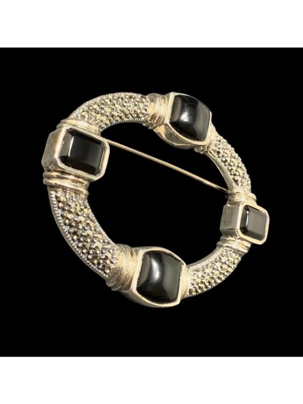 Judith Jack Brooch Sterling Silver Black Onyx Marcasite Art Deco Pin